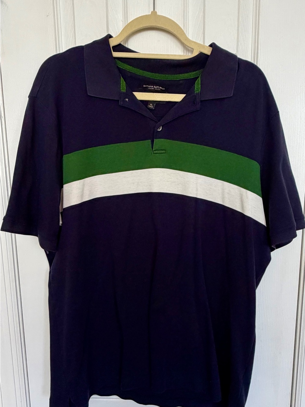 Banana Republic Navy Polo with Green and White Chest Stripes